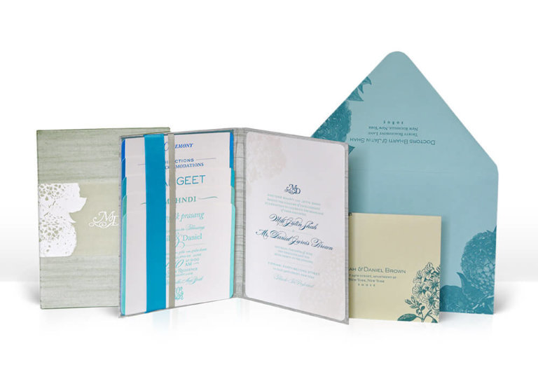 Blue and green Indian wedding invitation