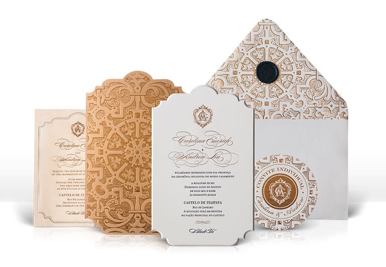 Castle Itaipava ornate gold wedding invitation
