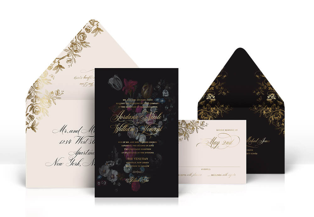 Dark moody floral invitation with gold foil