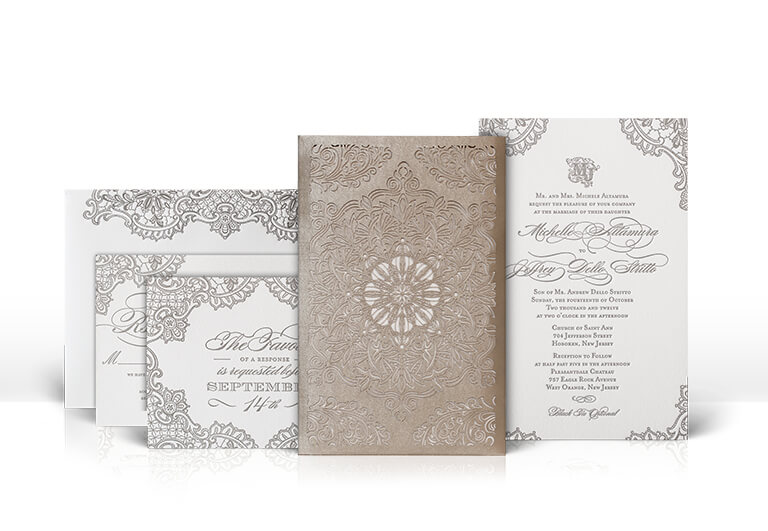 Classic lace and laser cut sleeve wedding invitation