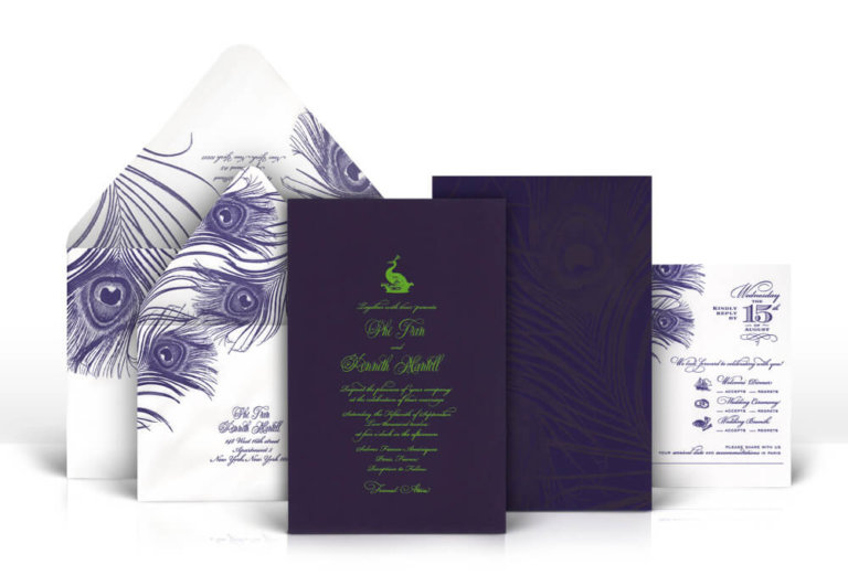 Peacock feather inspired wedding invitation