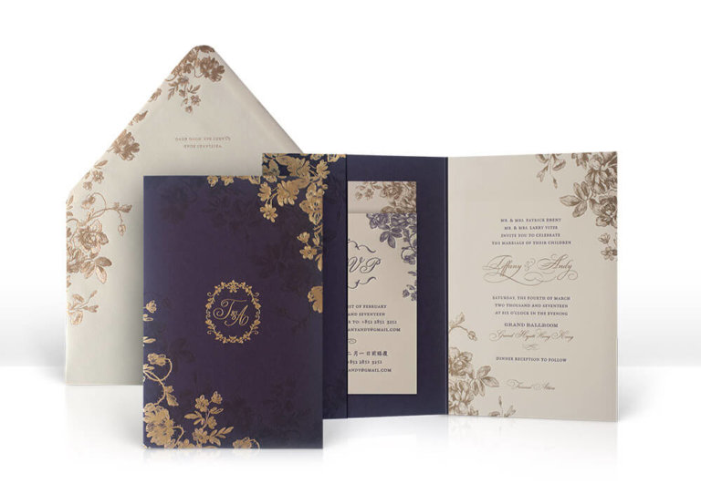 Purple, gold and cream floral wedding invitation