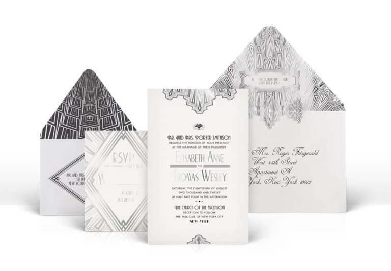Great Gatsby silver Art Deco wedding invitation