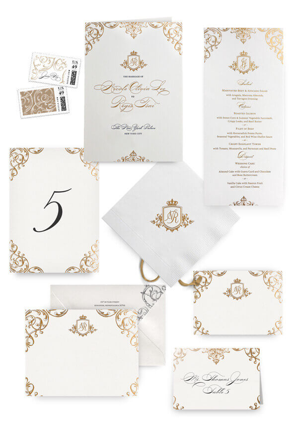 Ornate gold napkins, table cards, escort and place cards