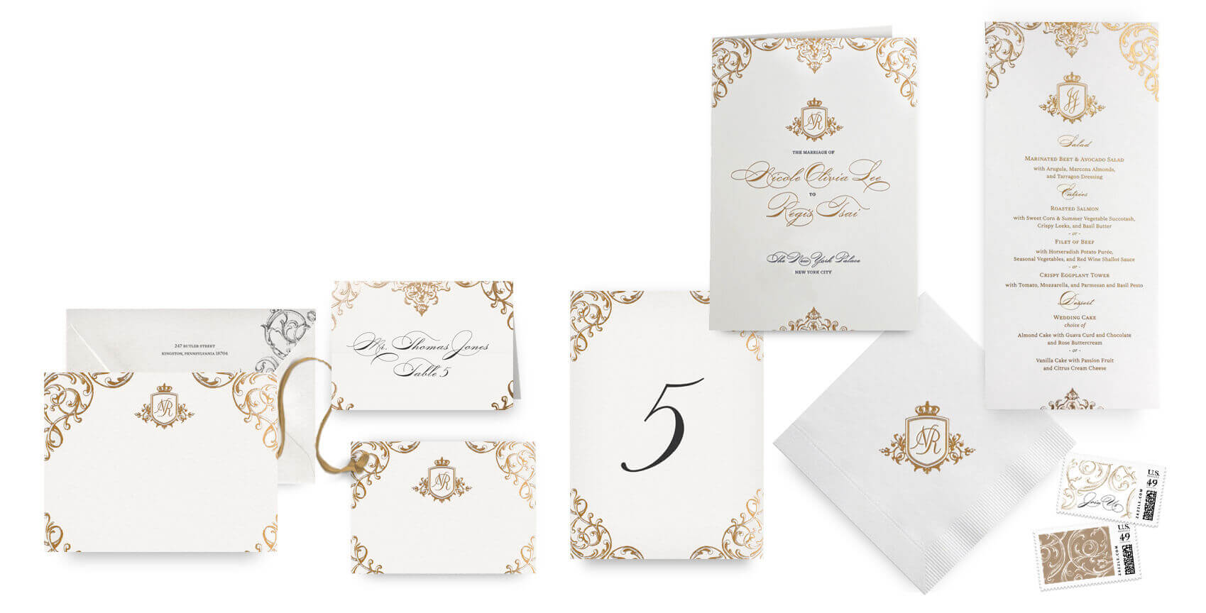 Ornate gold menus, programs and wedding accessories