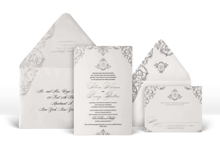 Ornate palace inspired silver wedding invitation