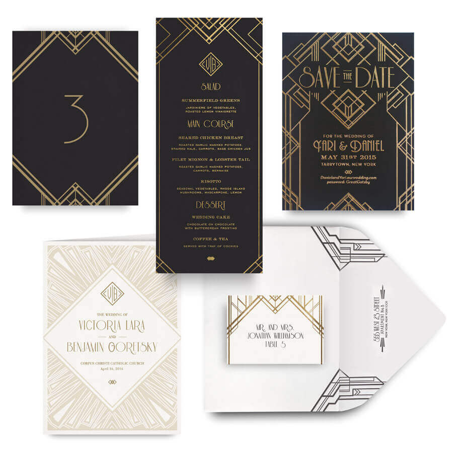 Great Gatsby save the date, menu, program and wedding accessories