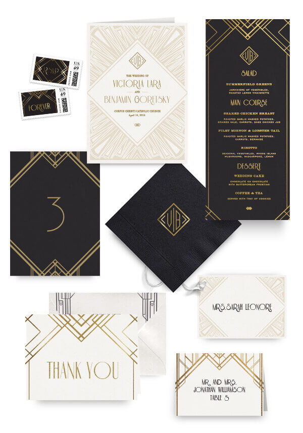 Great Gatsby napkins, table cards, escort and place cards