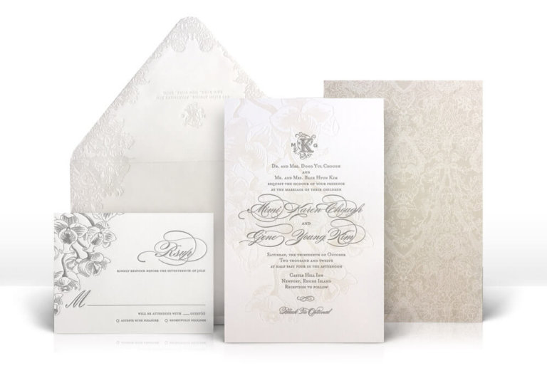 Letterpress floral and lace wedding invitation