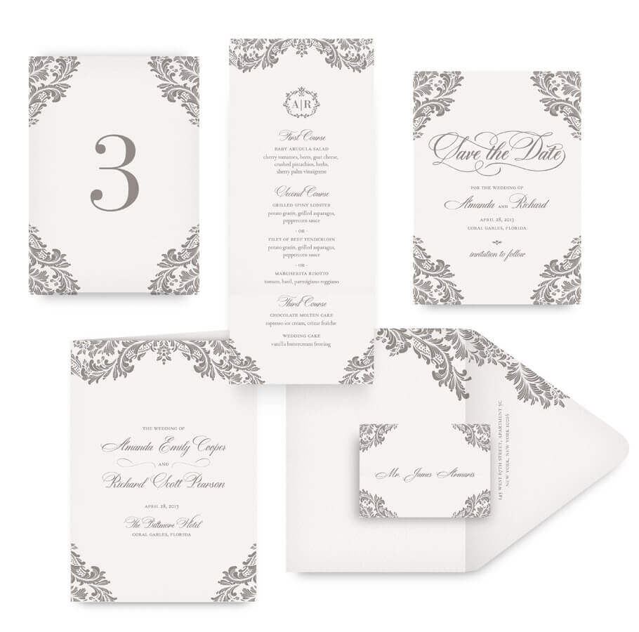 Classic opulent save the date, menu, program and wedding accessories