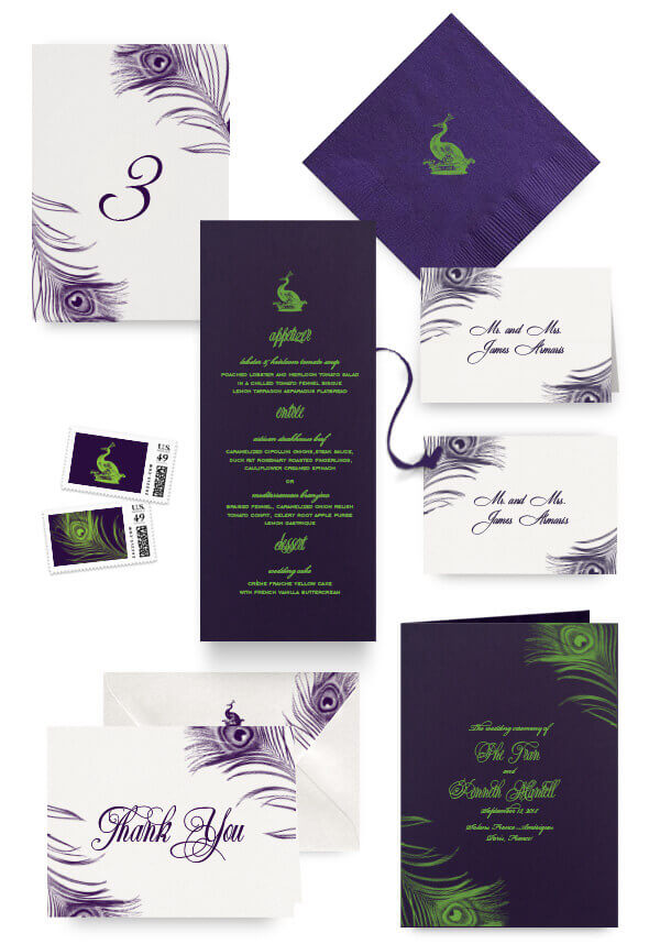 Peacock napkins, table cards, escort and place cards