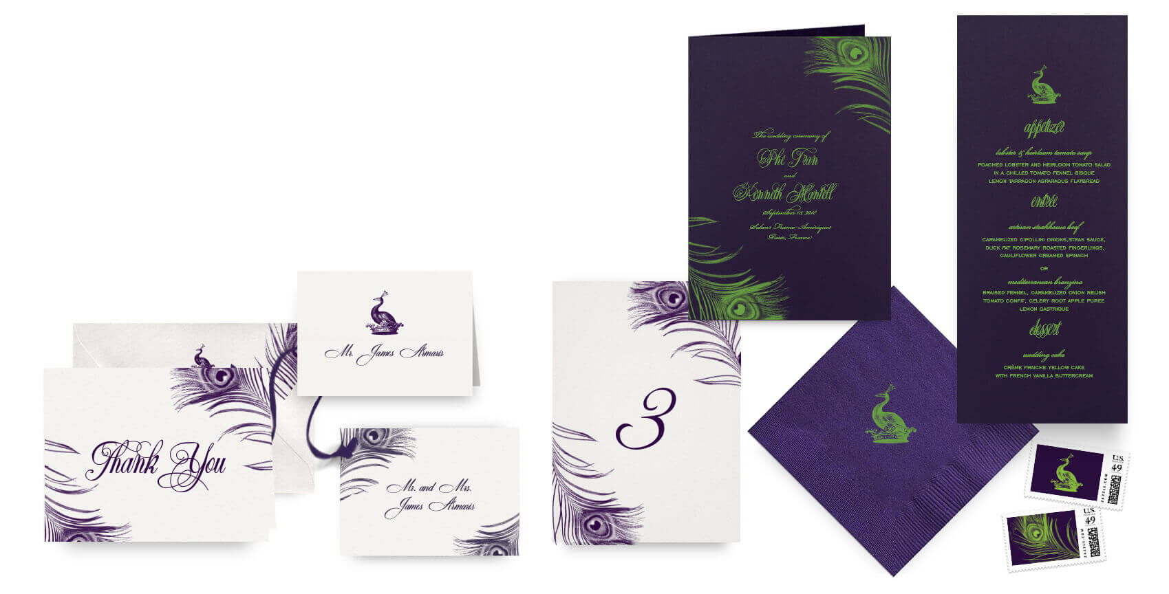 Peacock menus, programs and wedding accessories