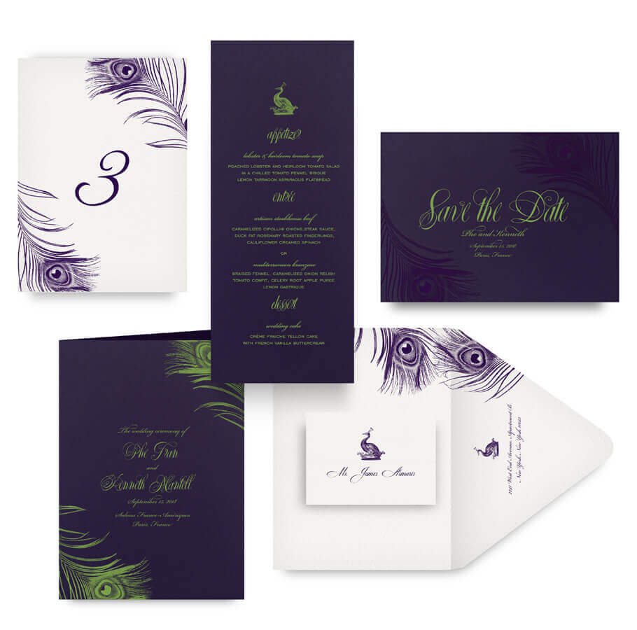 Peacock save the date, menu, program and wedding accessories