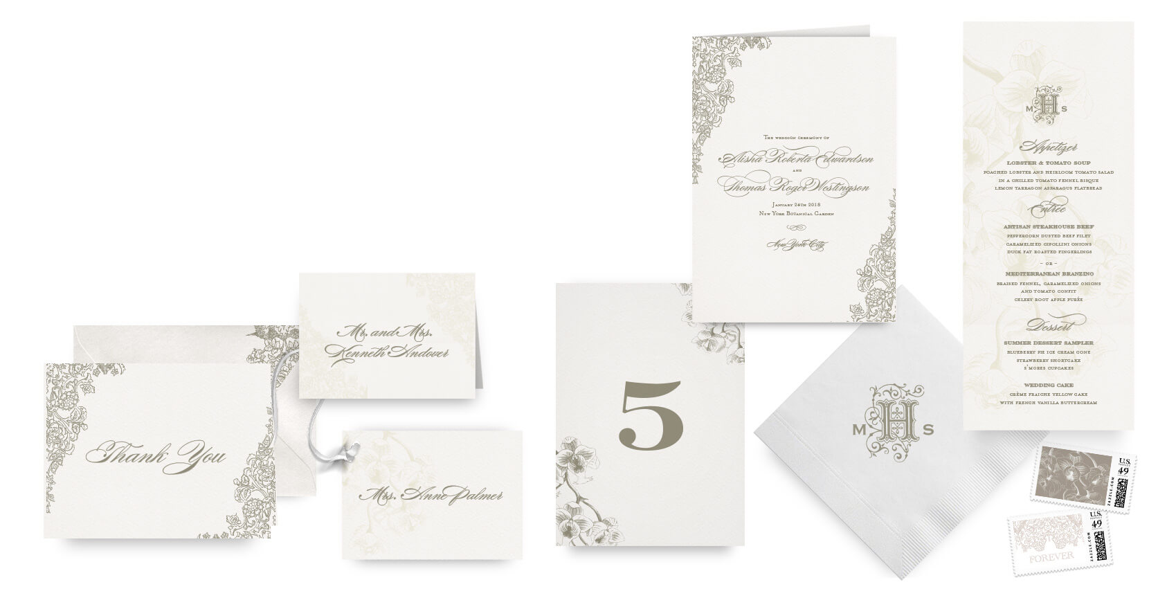 Romantic floral menus, programs and wedding accessories