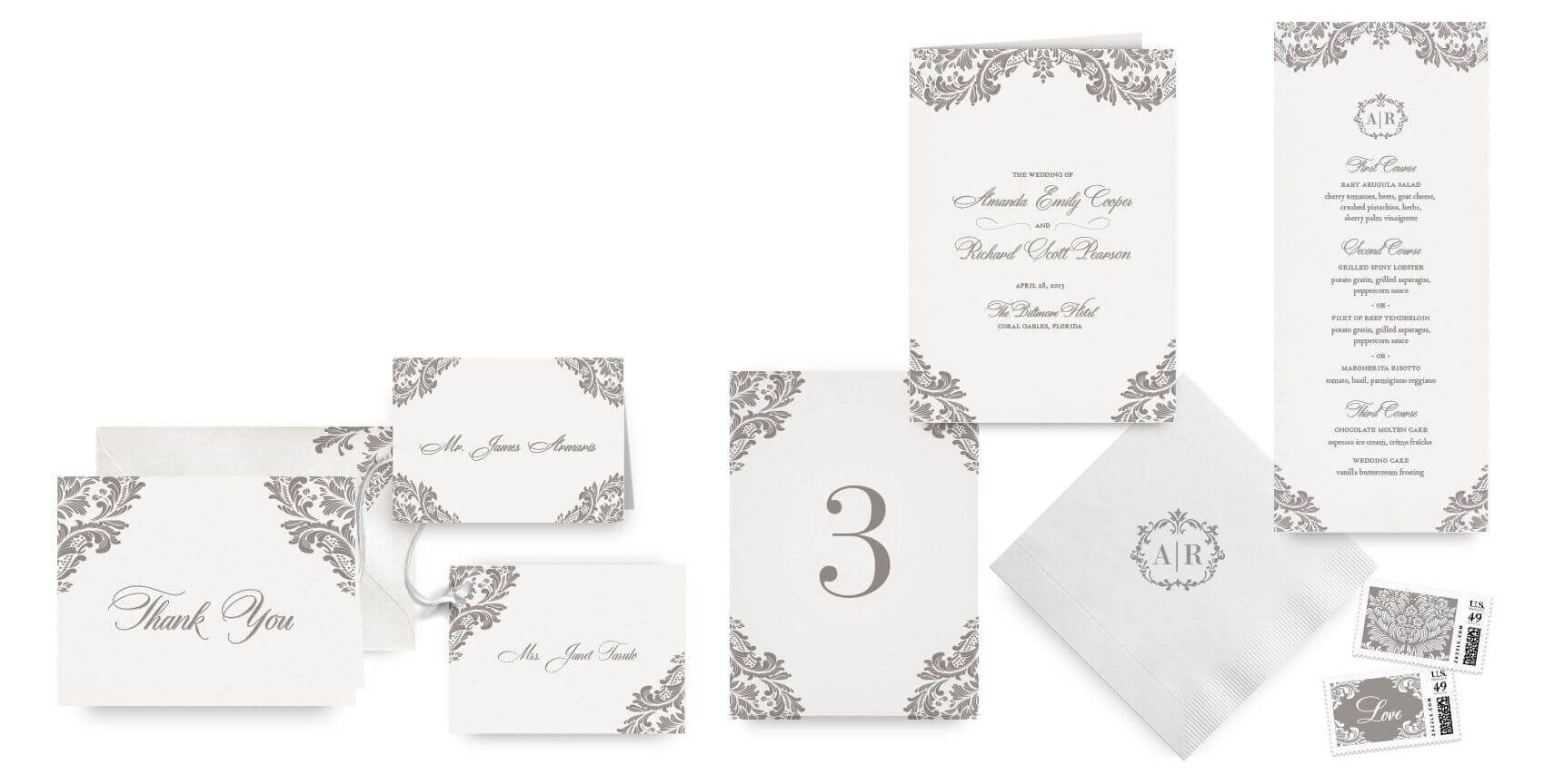 Classic ornate menus, programs and wedding accessories