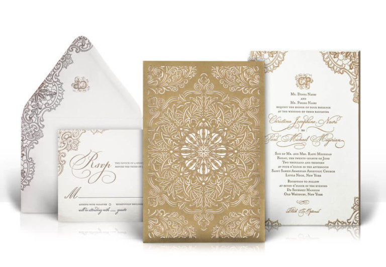 Gold and ivory laser cut wedding invitation