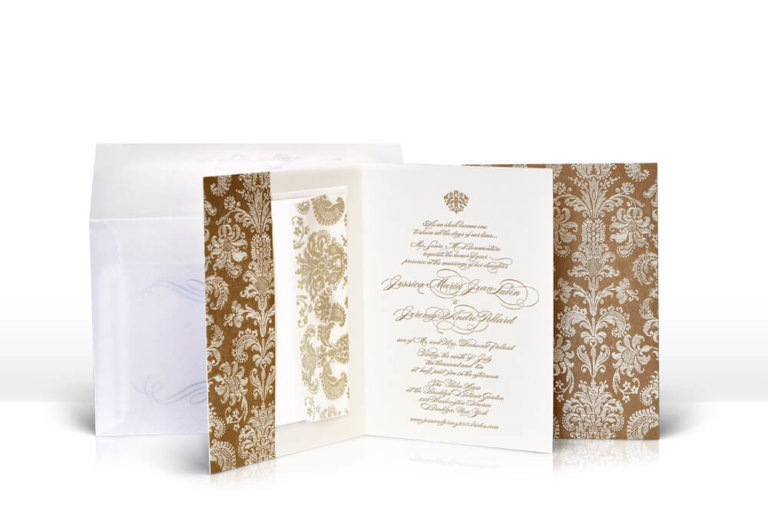 Gold damask wedding invitation folder