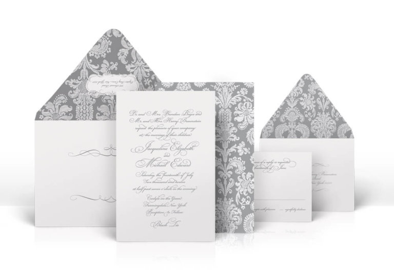 Grey classic damask letterpress wedding invitation