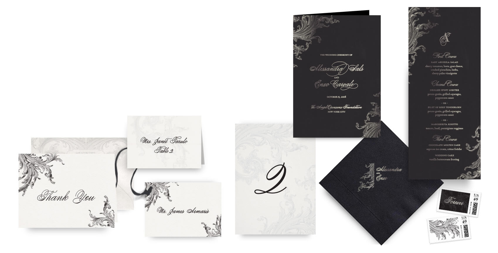 Moody ornate menus, programs and wedding accessories