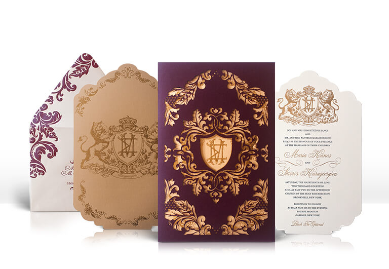 Ornate gold and burgundy laser cut wedding invitation