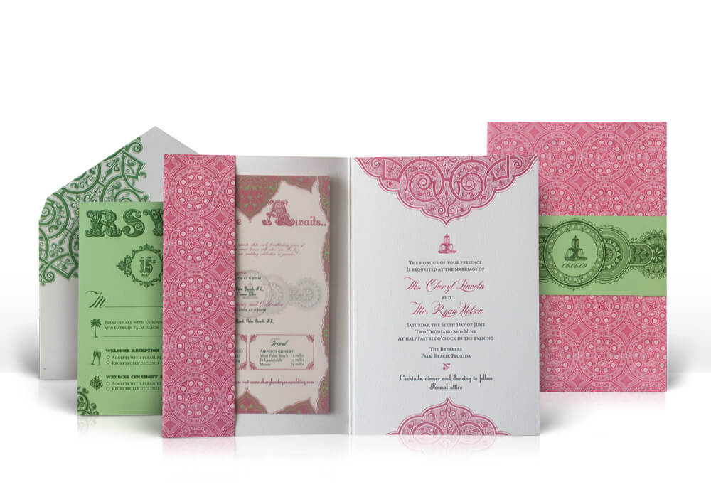 Pink destination wedding invitation folder