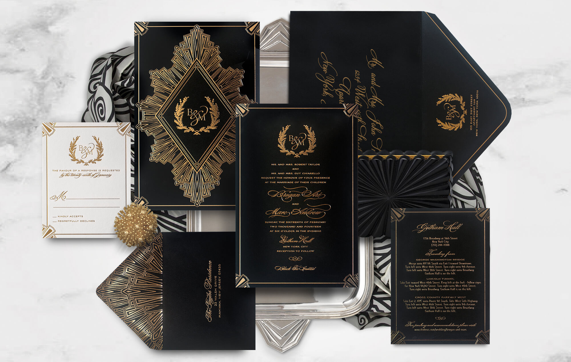 Black and gold art deco wedding invitation