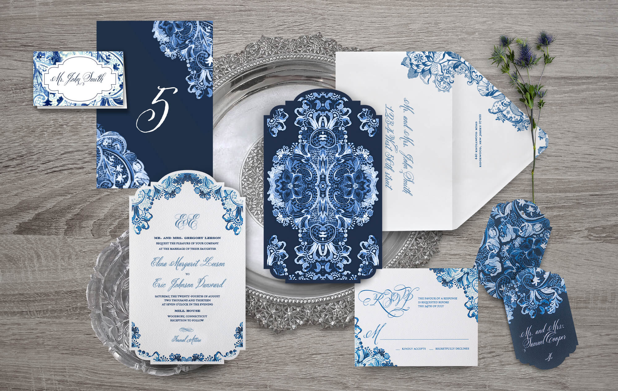Blue and white wedding invitation