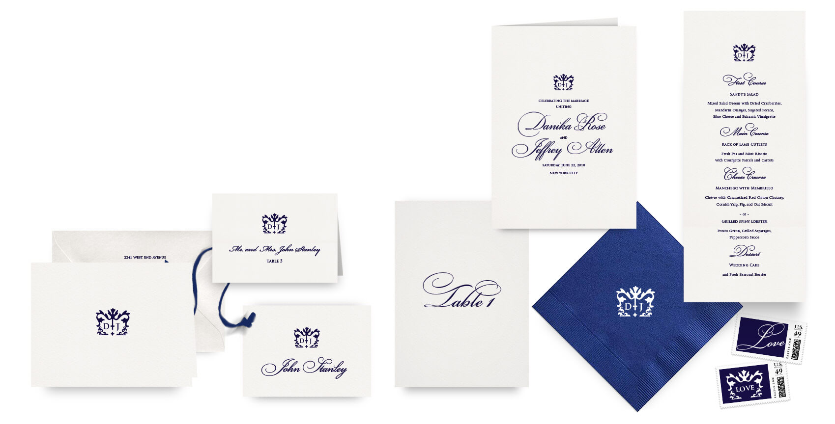 Classic navy menus, programs and wedding accessories