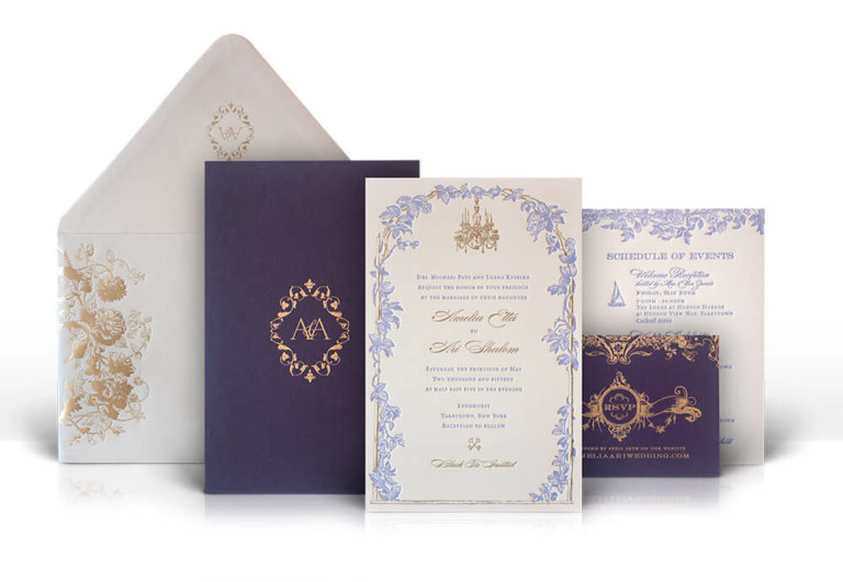 Lavender, purple and gold Downton Abbey wedding invitation