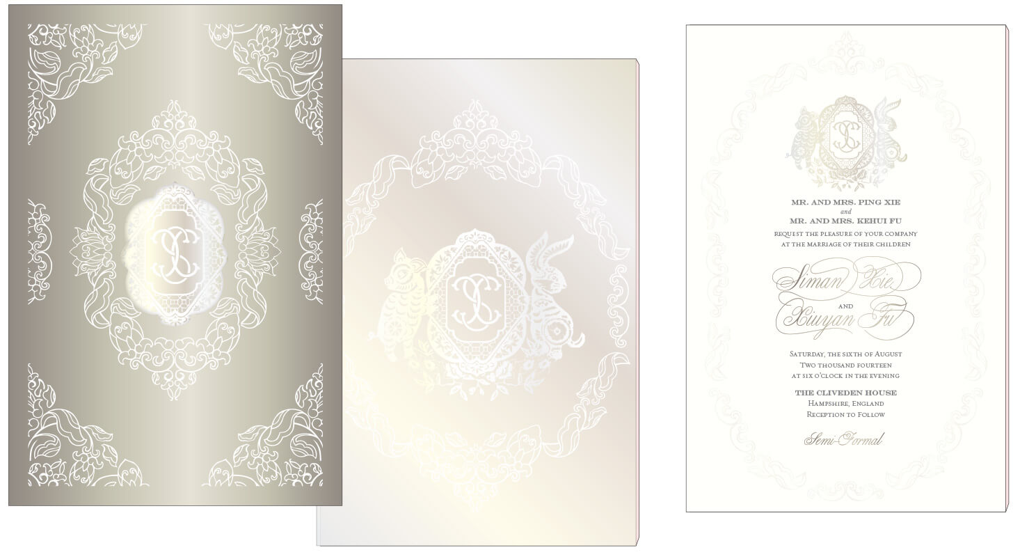 Pear foil and letterpress wedding invitation with a shimmer laser cut sleeve