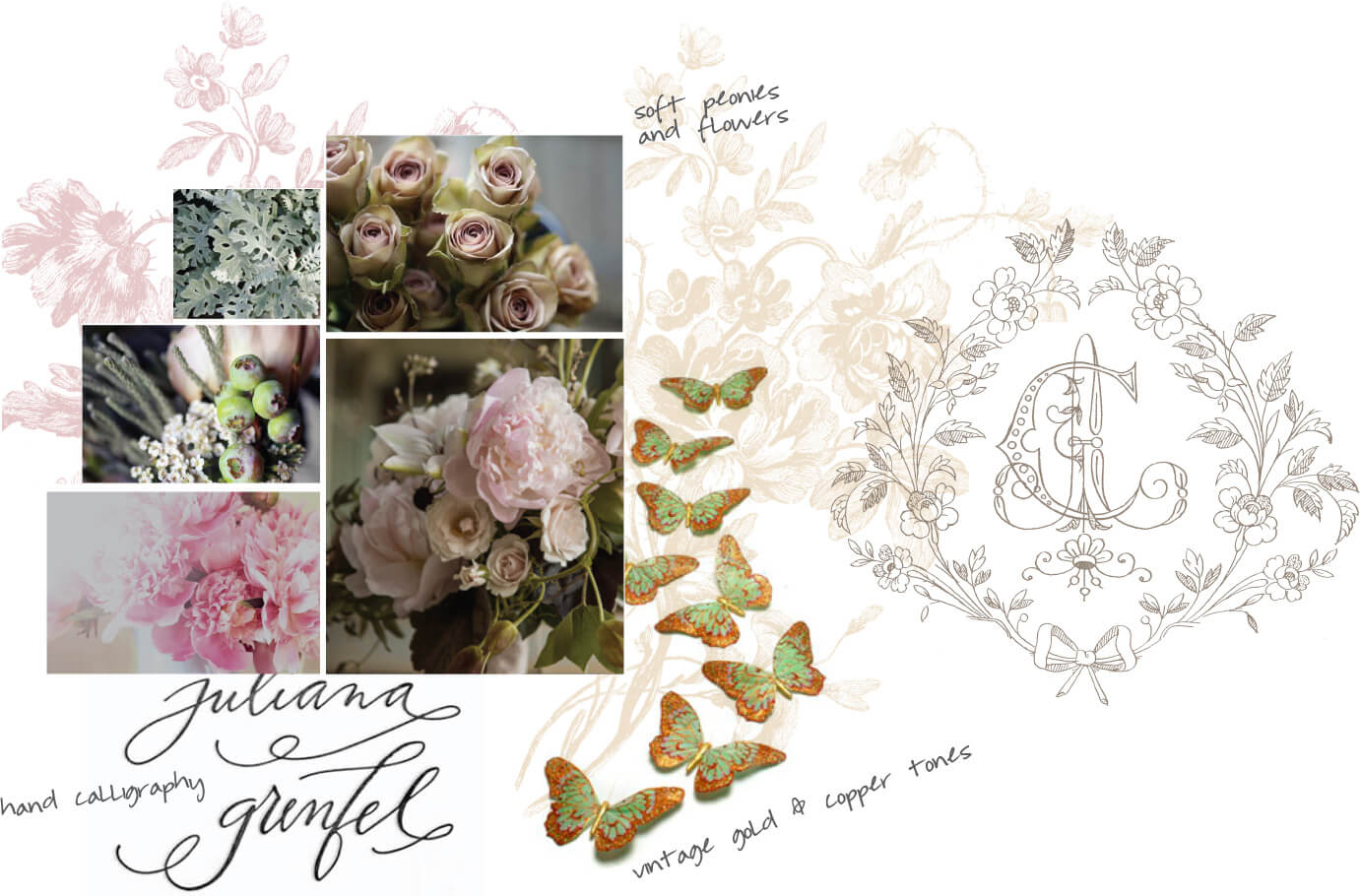Soft peonies, flowers, vintage gold and copper tones