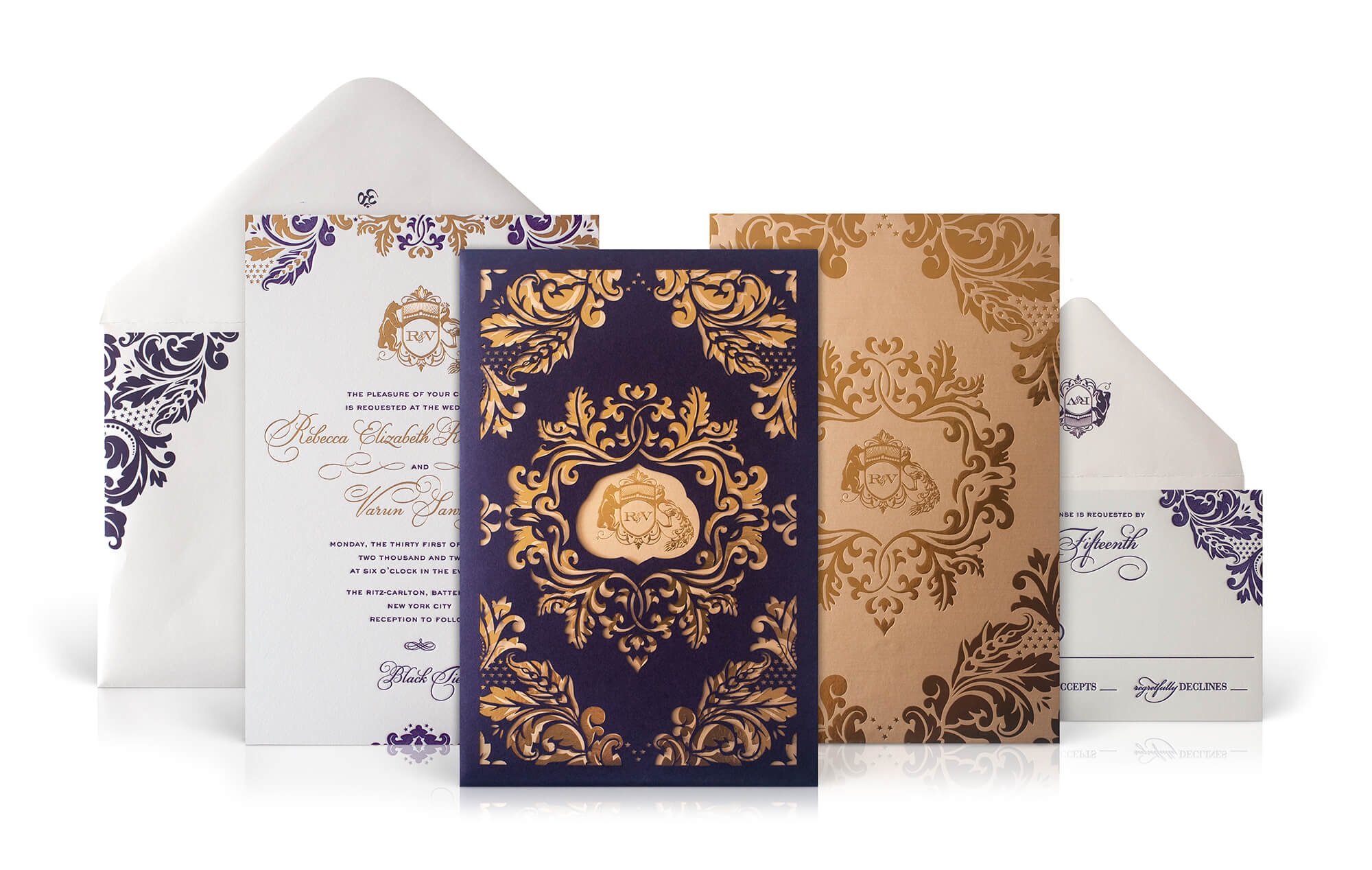 Laser cut purple and gold wedding invitation