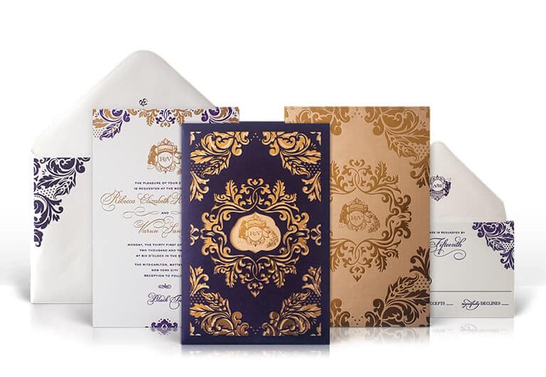 Purple and gold ornate wedding invitation