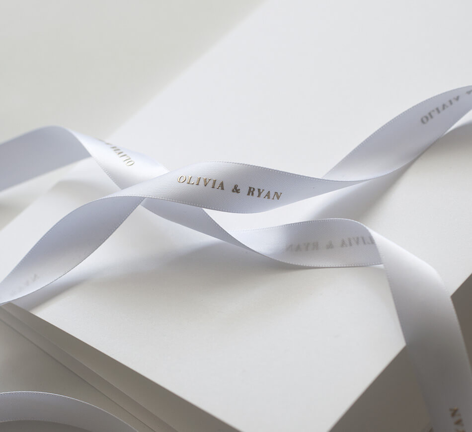 White and gold engraved custom satin ribbon