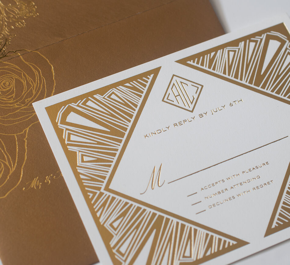 Art Deco reply card set in gold foil