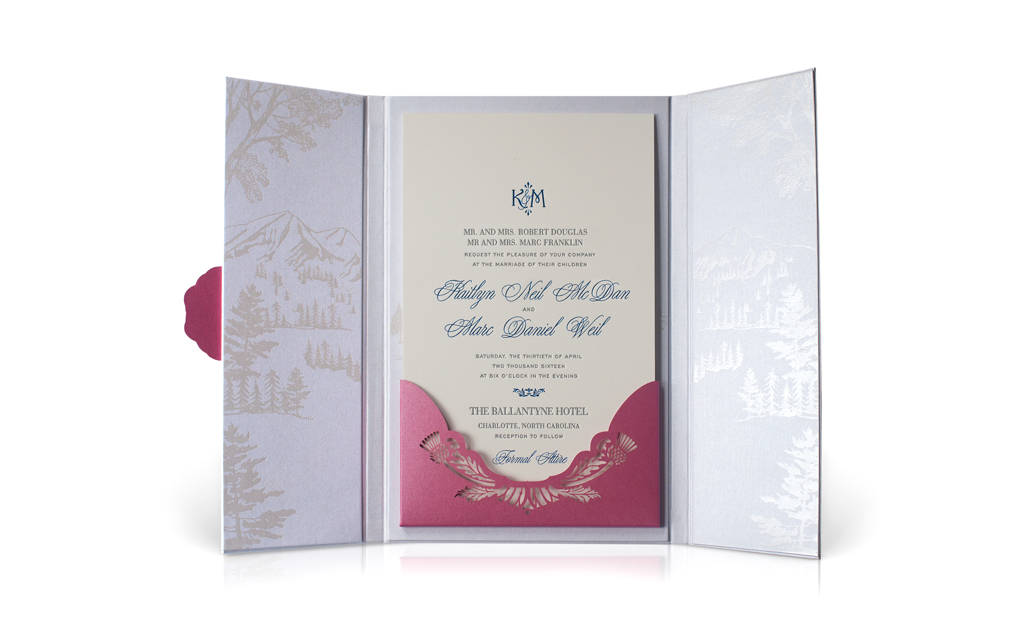 Blue and pearl foil on an invitation folder with a laser cut pocket