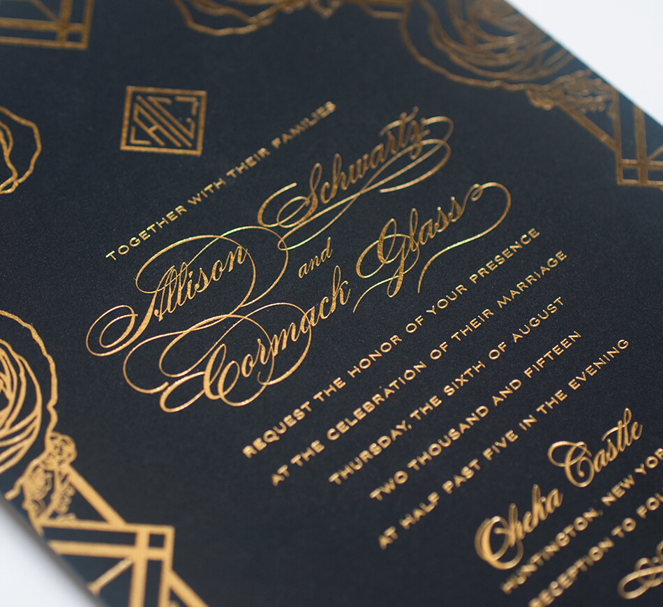 Black invitation with gold foil lettering