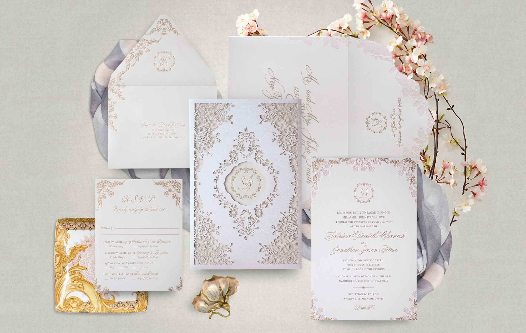 Laser cut blush cherry blossom wedding invitation