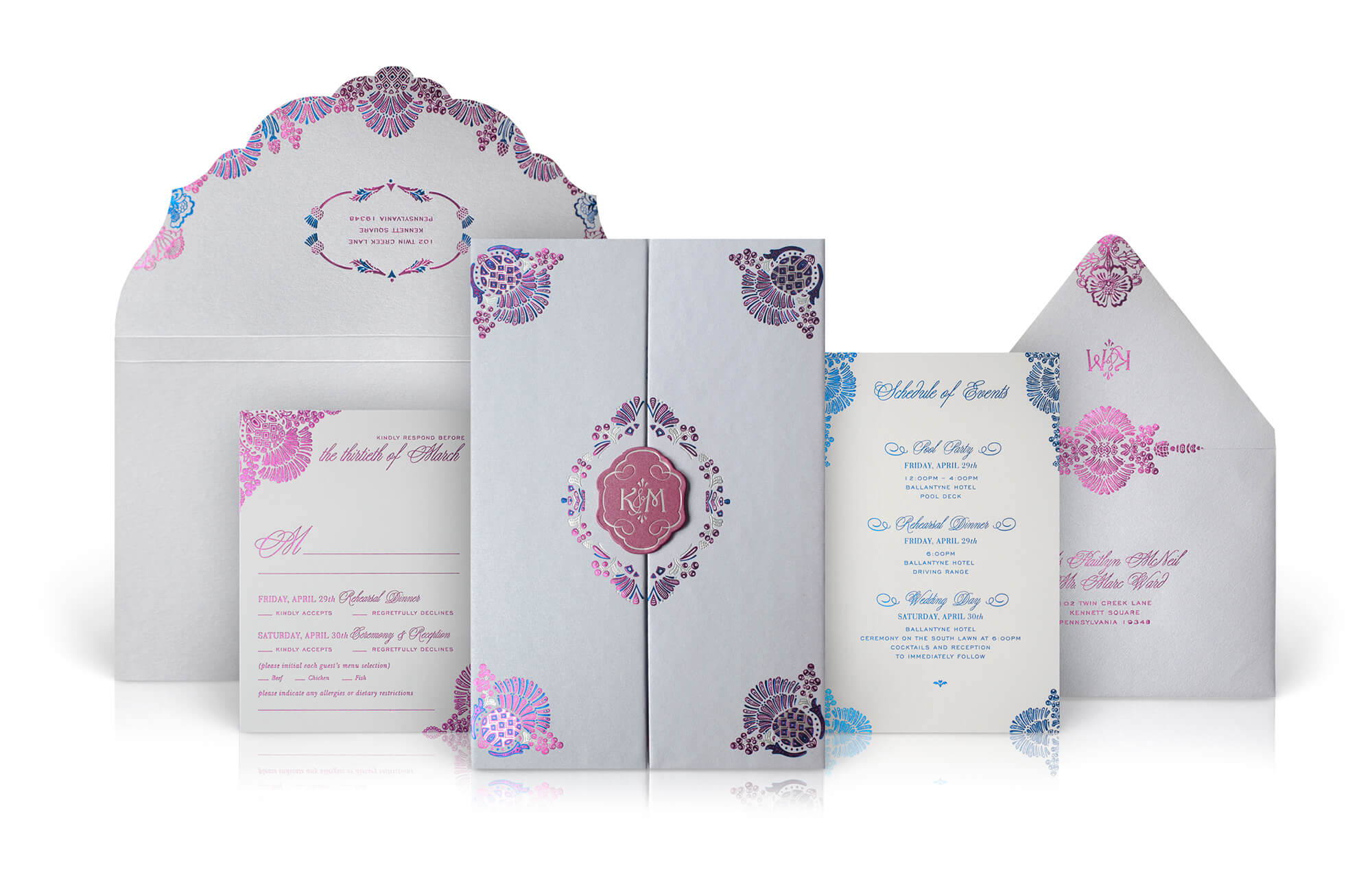 Contemporary floral blue and pink wedding invitation