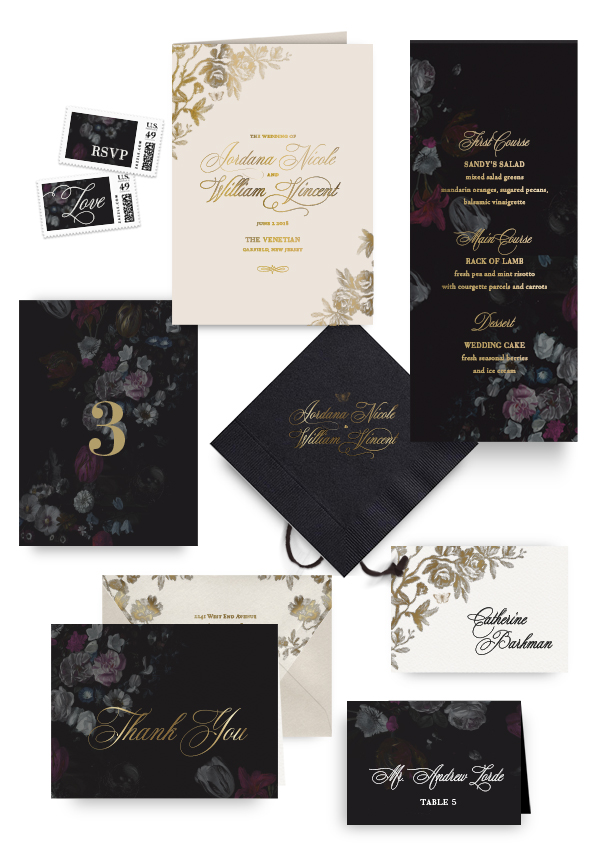 Dark floral napkins, table cards, escort and place cards