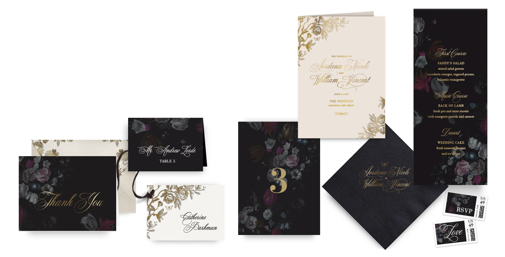 Moody flower menus, programs and wedding accessories