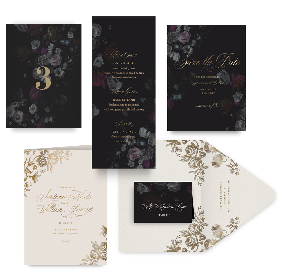 Moody floral save the date, menu, program and wedding accessories