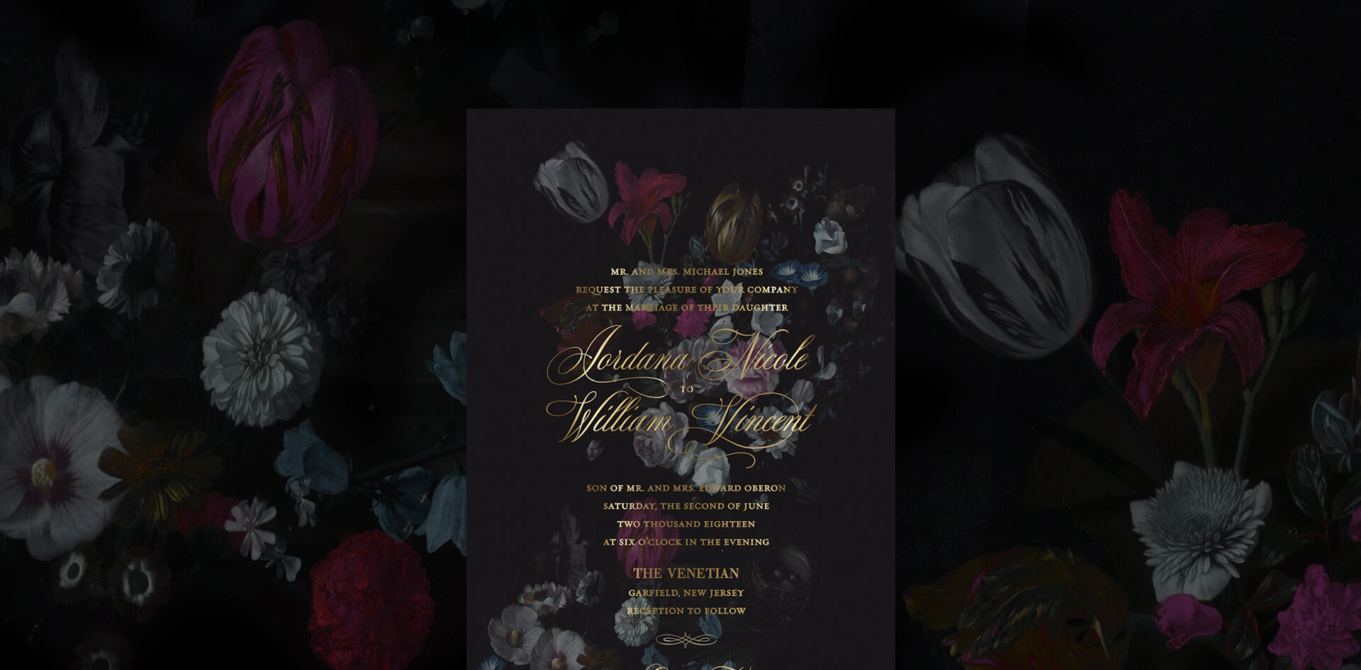 Dark moody floral wedding invitation with gold foil