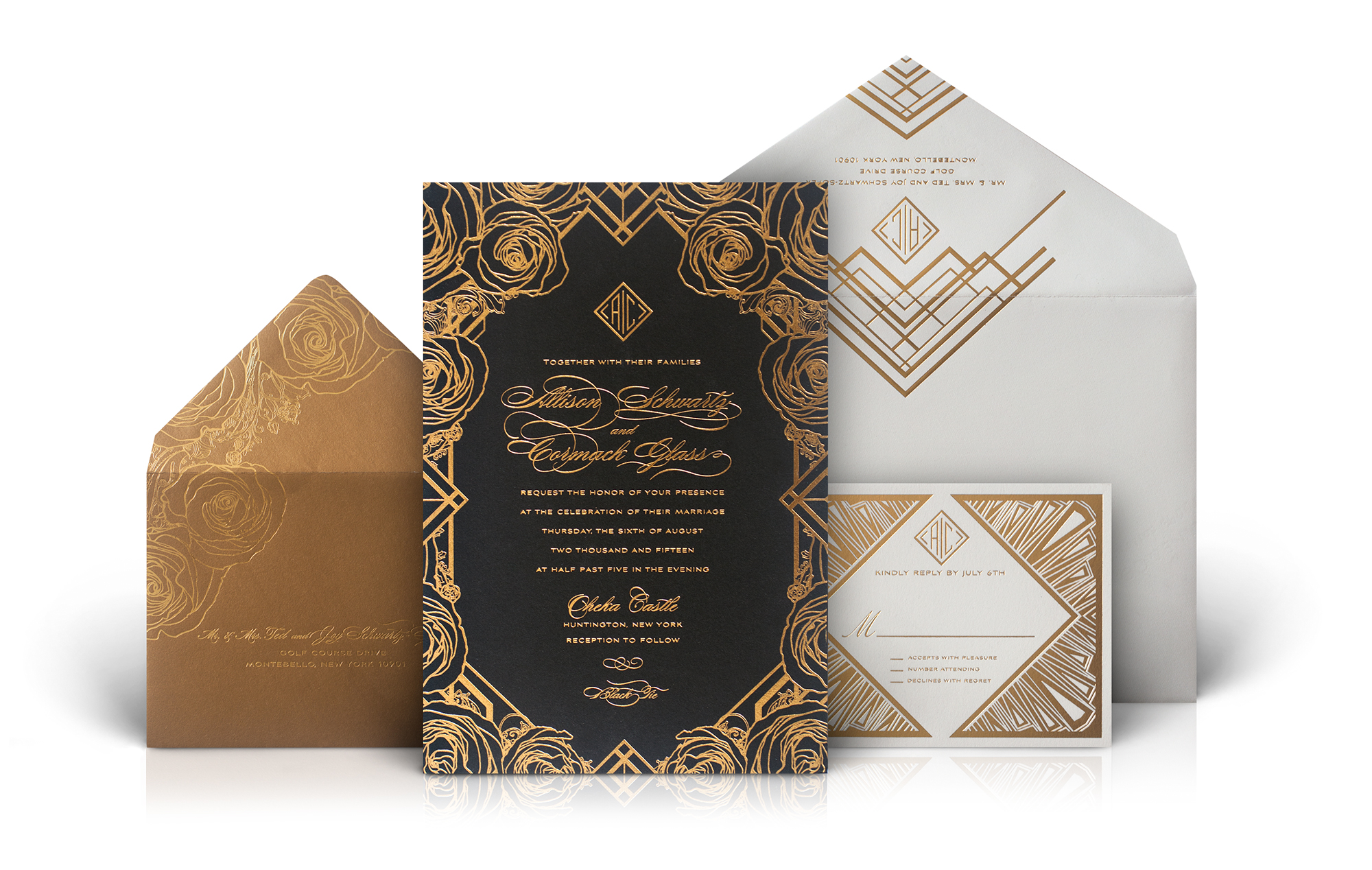Black and gold roses Great Gatsby wedding invitation