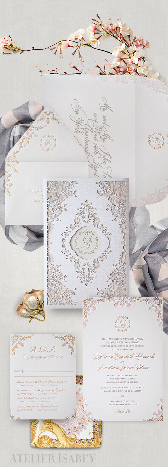 Cherry blossom wedding invitation with laser cut sleeve