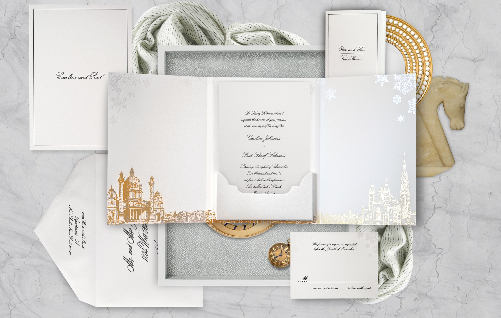 Destination wedding invitation with the skyline of Vienna