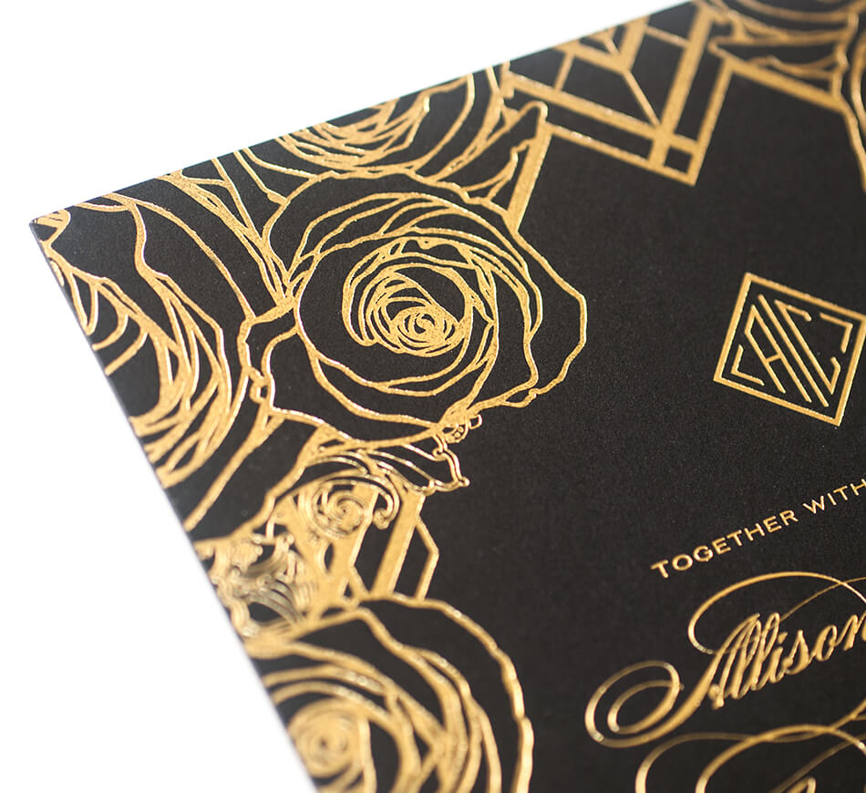 Gold roses printed on a Deco invitation