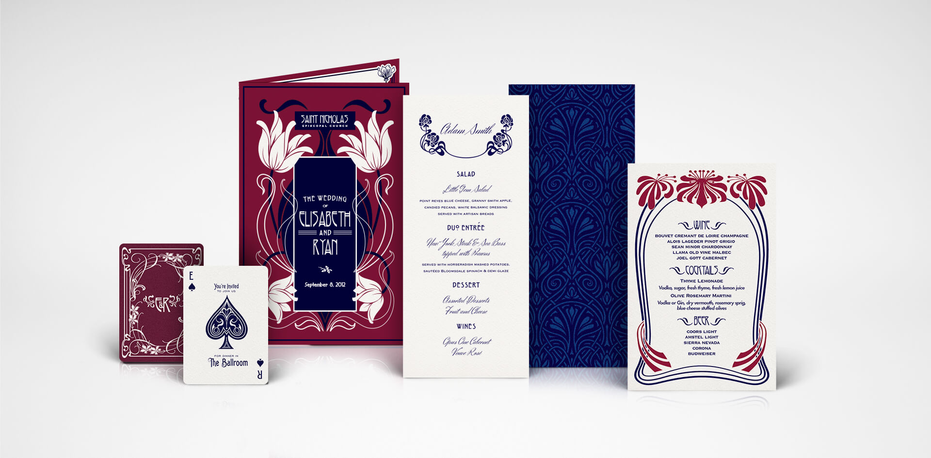 Lake Tahoe Art Nouveau menu, program and wedding day stationery