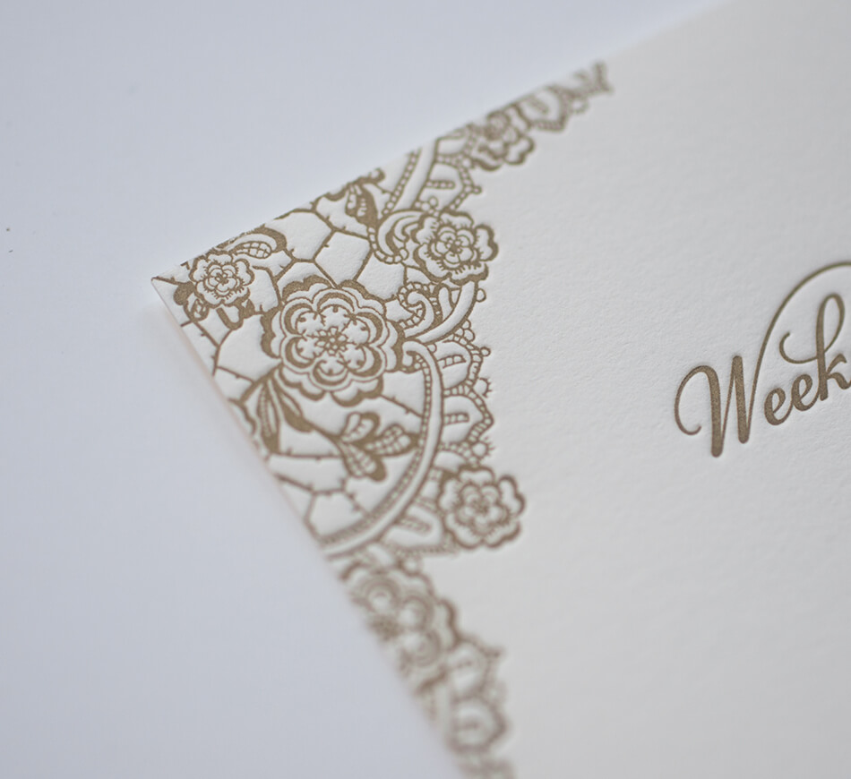 Letterpress corner detail on an events card