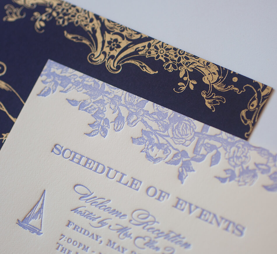Lilac and gold letterpress cards